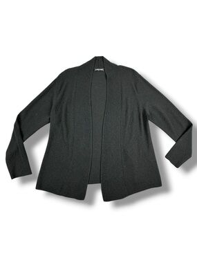 Eileen Fisher 100% Wool Open Front Cardigan – Black Minimalist Layering Piece
